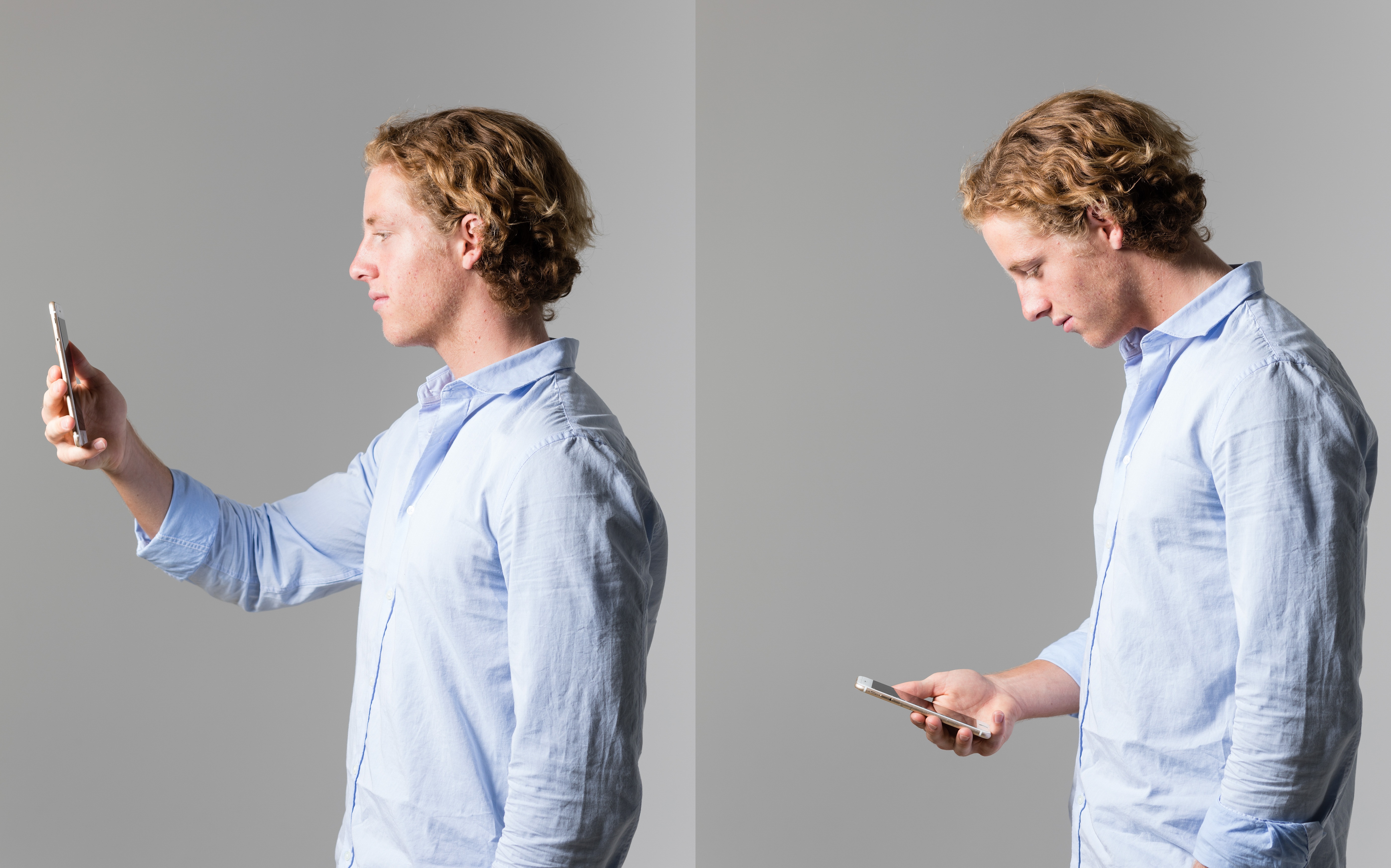 Two panel image. Left: a young man in a blue shirt holds a smart phone up in front of his face. Right: the same man holds the phone down at waist height demonstrating the neck curvature that results from looking downwards.